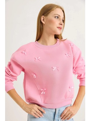 Juuuj Pembe Üç Iplik Şardonlu Kumaş Bisiklet Yaka Düşük Omuz Kurdele Detaylı Sweatshirt