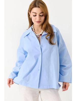 Juuuj Mavi Dokuma Kumaş Gömlek Yaka Uzun Kollu Bol Kesim Düğmeli Basic Oversize Gömlek