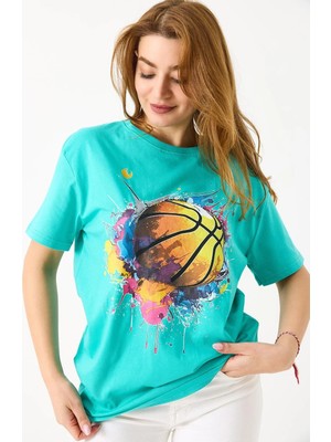 Juuuj Yeşil Bisiklet Yaka Kısa Kollu Rahat Kalıp Basketbol Grafik Baskılı Pamuklu Örme Tişört