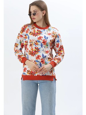 Juuuj Mavi Turuncu Pamuklu Iki Iplik Bisiklet Yaka Uzun Kollu Çiçek Desenli Ribanalı Sweatshirt