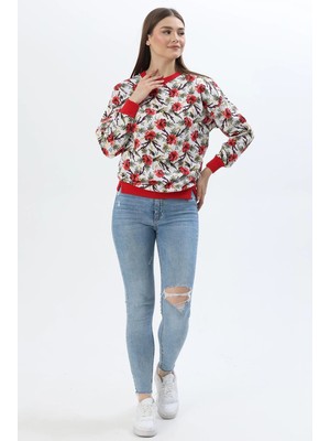 Juuuj Kırmızı Pamuklu Karışım Bisiklet Yaka Iki Iplik Standart Form Çiçek Desenli Sweatshirt