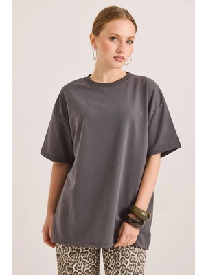 Juuuj Füme Pamuklu Bisiklet Yaka Kısa Kollu Oversize Basic Düşük Omuz Rahat Kesim Tişört