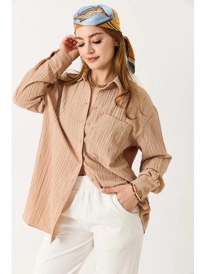 Juuuj Camel Müslin Kumaş Gömlek Yaka Düşük Omuz Oversize Düğmeli Cepli Basic Gömlek