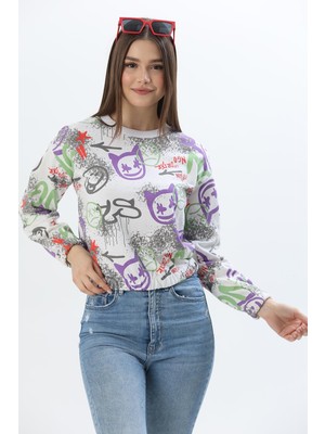 Juuuj Beyaz Pamuklu Karışımlı Bisiklet Yaka Uzun Kollu Graffiti Desenli Lastikli Sweatshirt