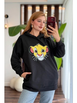 Juuuj Siyah Iki Iplik Kumaş Kapüşonlu Yaka Oversize Geniş Kesim Önü Baskılı Detaylı Sweatshirt