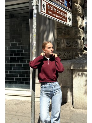 Juuuj Bordo Pamuklu Yarım Fermuar Dik Yaka Uzun Kollu Ribana Manşetli Rahat Form Sweatshirt
