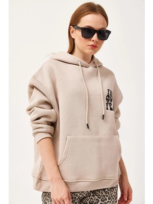 Juuuj Bej Pamuklu Karışım Kapüşonlu Düşük Omuz Oversize Kanguru Cepli Ribanalı Sweatshirt