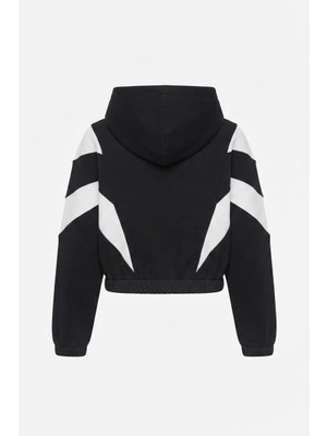 Juuuj Siyah Pamuklu Karışım Beli Lastikli Şerit Detaylı Uzun Kollu Kapüşonlu Sweatshirt