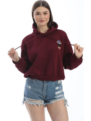 Juuuj Bordo Pamuklu Karışım Kapüşonlu Düşük Omuz Oversize Nakış Detaylı Sweatshirt