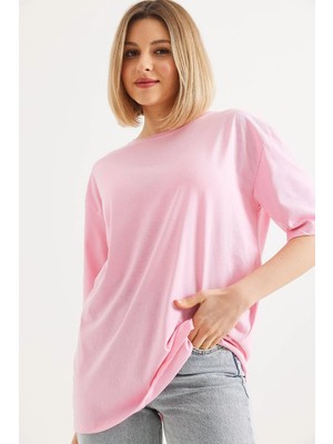 Juuuj Pembe Pamuklu Kumaş Bisiklet Yaka Kısa Kollu Oversize Basic Düz Kesim Rahat Form Tişört