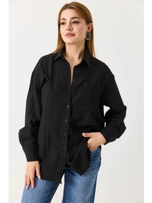 Juuuj Siyah Müslin Kumaş Esnek Dokulu Düşük Omuz Oversize Düğmeli Basic Uzun Kollu Gömlek