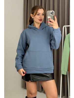 Juuuj Indigo Üç Iplik Şardonlu Yumuşak Dokulu Kanguru Cepli Kapüşonlu Rahat Kesim Sweatshirt
