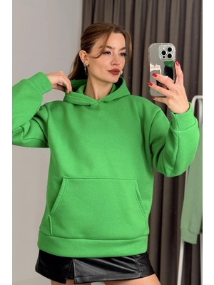 Juuuj Yeşil Üç Iplik Şardonlu Kapişonlu Uzun Kollu Rahat Kesim Kanguru Cepli Sweatshirt