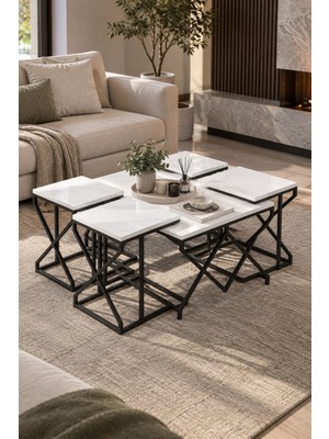Sulorahome 5'li Beyaz Mermer Görünümlü Sehpa Seti Metal Ayaklı