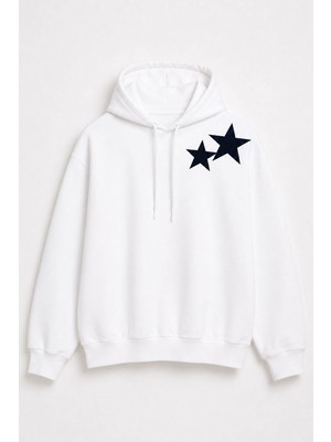 Juuuj Beyaz Pamuklu Karışımlı Kapüşonlu Yaka Uzun Kollu Yıldız Baskılı Detaylı Sweatshirt