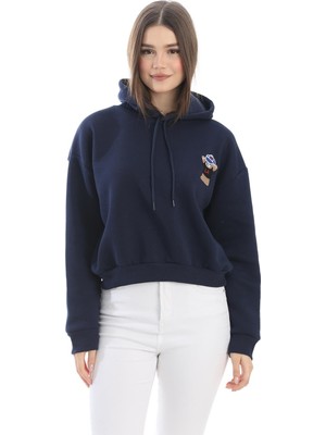 Juuuj Lacivert Pamuklu Karışımlı Kapüşonlu Yaka Oversize Form Nakış Detaylı Uzun Kollu Sweatshirt