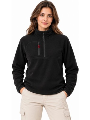 Asmedo Kadın Polar Dik Yaka Yarım Fermuarlı Fermuarlı Göğüs Cepli Regular Fit Kışlık Sweatshirt -