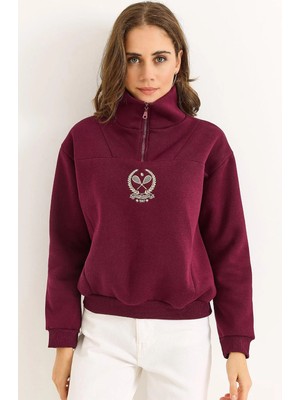 Juuuj Bordo Üç Iplik Kumaş Dik Yaka Fermuarlı Uzun Kollu Roket Baskılı Detaylı Sweatshirt