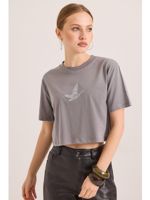 Juuuj Füme Pamuklu Örme Bisiklet Yaka Kısa Kollu Crop Karikatür Kuş Kabartma Baskılı Tişört