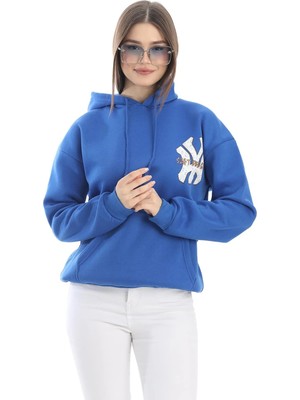 Juuuj Mavi Pamuklu Üç Iplik Kapüşonlu Düşük Omuz Kanguru Cep Baskı Detaylı Sweatshirt