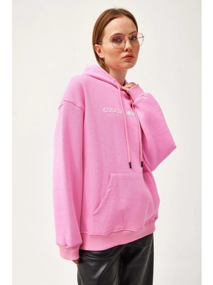 Juuuj Pembe Pamuklu Kumaş Kapüşonlu Yaka Oversize Geniş Kesim Kanguru Cepli Sweatshirt