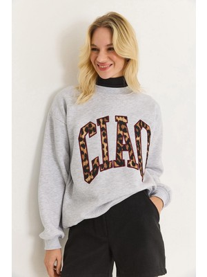 Juuuj Gri Pamuklu Karışımlı Bisiklet Yaka Düşük Omuz Leopar Baskılı Üç Iplik Sweatshirt