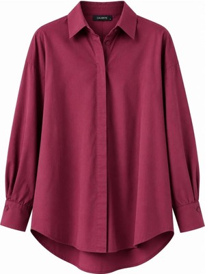 Juuuj Bordo Esnek Likralı Kumaş Uzun Kollu Oversize Geniş Kesim Düğmeli Basic Gömlek