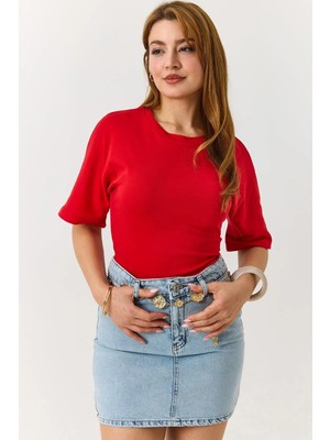 Juuuj Kırmızı Bisiklet Yaka Kısa Kollu Omuzları Geniş Tam Kalıp Basic Örme Tişört