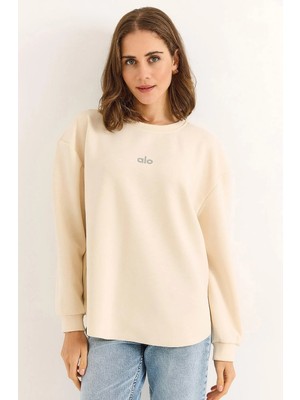 Juuuj Ekru Modal Kumaş Bisiklet Yaka Düşük Omuz Uzun Kollu Yazı Baskılı Salaş Sweatshirt