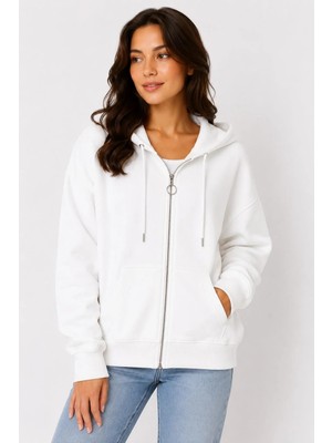 Juuuj Ekru Pamuklu Karışımlı Kapüşonlu Uzun Kollu Standart Kesim Fermuar Detaylı Cepli Sweatshirt