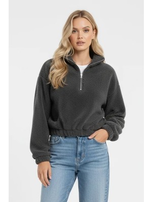 Juuuj Antrasit Pamuklu Polyester Karışımlı Yarım Fermuarlı Düşük Omuz Altı Büzgülü Sweatshirt