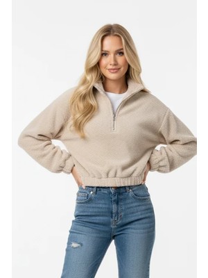 Juuuj Bej Pamuklu Polyester Karışımlı Yarım Fermuarlı Dik Yaka Büzgülü Bel Detaylı Sweatshirt