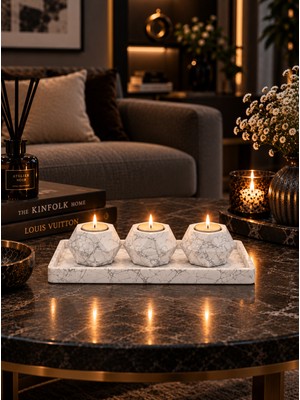 Betonmall Beton Dekoratif Mumluk Şamdan Seti 4 Parça Tepsili Tealight Mumluk