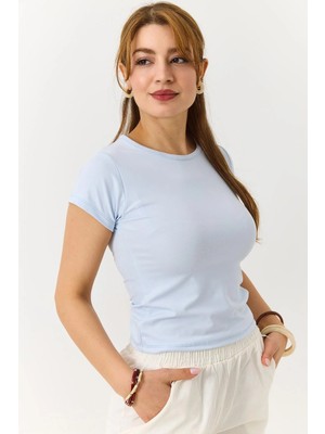 Juuuj Mavi Esnek Dokulu Bisiklet Yaka Kısa Kollu Slim Fit Basic Düz Renk Örme Tişört