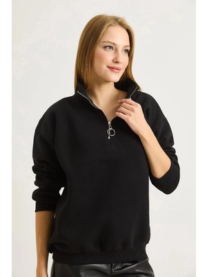 Juuuj Siyah Pamuklu Iki Iplik Kumaş Yarım Fermuarlı Dik Yaka Uzun Kollu Rahat Form Sweatshirt