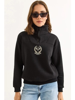 Juuuj Siyah Üç Iplik Kumaş Dik Yaka Fermuarlı Uzun Kollu Ribana Detaylı Roket Baskılı Sweatshirt