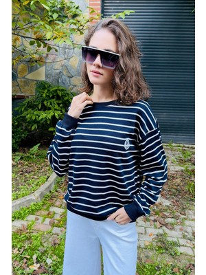 Juuuj Lacivert Üç Iplik Şardonsuz Kumaş Bisiklet Yaka Düşük Omuz Çizgili Detaylı Sweatshirt