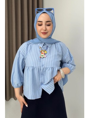 Juuuj Mavi Çizgili Pamuklu Dokuma Gömlek Yaka Peplum Kesim Balon Kollu Düğmeli Bluz Gömlek