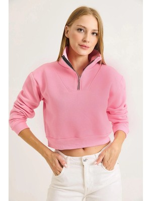 Juuuj Pembe Pamuklu Dik Yaka Yarım Fermuarlı Uzun Kollu Ribana Detaylı Rahat Kesim Sweatshirt