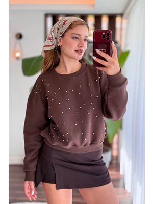 Juuuj Kahverengi Pamuklu Karışım Bisiklet Yaka Uzun Kollu Taş Detaylı Rahat Form Sweatshirt