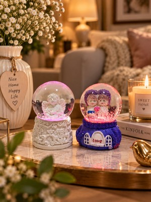 Biton Toptan 2' Li Set Işıklı Kar Küresi 6,5 cm Dekoratif Melek ve Sevgililer Kar Küresi Sevgiliye Eşe Hediye