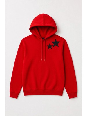 Juuuj Kırmızı Pamuklu Karışımlı Kapüşonlu Yaka Uzun Kollu Yıldız Baskılı Detaylı Sweatshirt