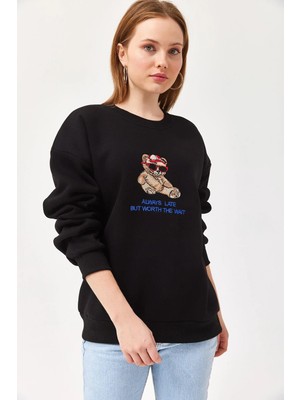 Juuuj Siyah Pamuklu Bisiklet Yaka Düşük Omuz Ayıcık Baskılı Üç Iplik Sweatshirt