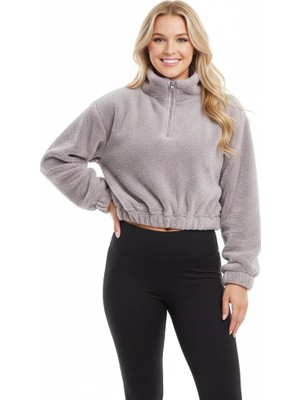 Juuuj Açık Gri Pamuklu Polyester Karışımlı Yarım Fermuarlı Dik Yaka Altı Büzgülü Sweatshirt