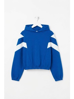 Juuuj Mavi Pamuklu Karışım Beli Lastikli Şerit Detaylı Kapüşonlu Uzun Kollu Sweatshirt