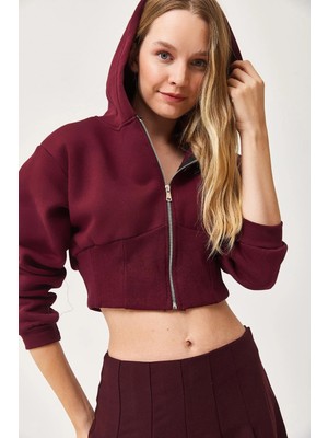 Juuuj Bordo Pamuklu Karışım Bel Detaylı Uzun Kollu Crop Form Fermuarlı Kapüşonlu Sweatshirt