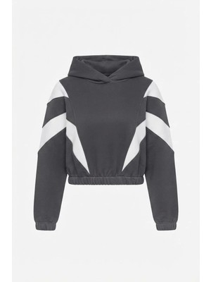 Juuuj Antrasit Pamuklu Kumaş Beli Lastikli Kapüşonlu Yaka Şerit Detaylı Rahat Kesim Sweatshirt