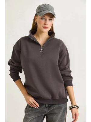 Juuuj Füme Pamuklu Iki Iplik Kumaş Dik Yaka Yarım Fermuarlı Uzun Kollu Ribanalı Sweatshirt