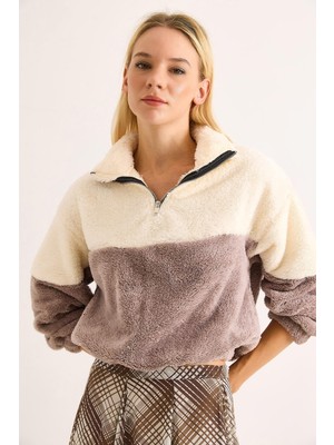Juuuj Gri Yumuşak Polar Kumaş Beli ve Kolu Lastikli Esnek Dokulu Yarım Fermuarlı Sweatshirt