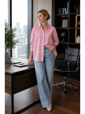 Juuuj Pembe Pamuklu Karışım Gömlek Yaka Oversize Form Çizgili Basic Uzun Kollu Gömlek